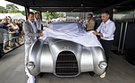 Image: Presentation of the 1934 Auto Union Type 52 at the Goodwood Festival of Speed 2024: Stefan Trauf, Head of Audi Tradition; racing legend Hans-Joachim Stuck; Charles Gordon-Lennox, the Duke of Richmond and Le Mans record winner Tom Kristensen