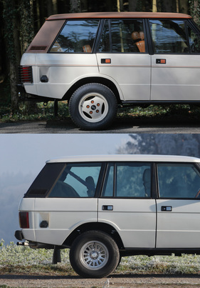 Range Rover 4 Door Monteverdi Design (1982) - kleine, aber feine Unterschiede - der Radlauf ist beim Solihull-Serienmodell von 1985 (unten) in die Türe integriert