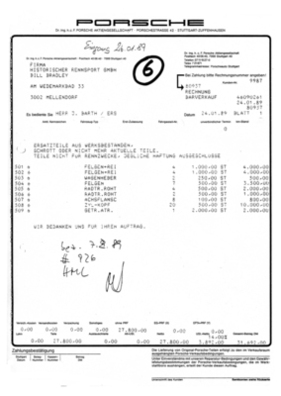 Rechnung von Porsche an Bill Bradley für 917-Restposten 1989