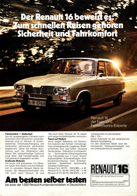 Renault 16 (1972) - Zum schnellen Reisen gehören Sicherheit und Fahrkomfort (Werbung)