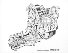 Renault 6 1100 (1971) – Schnittzeichnung der Antriebseinheit mit Motor, Getriebe und Differential