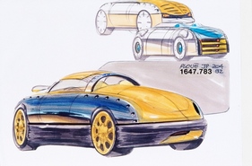 Renault Argos (1994) – Eine der beschreibenden frühen Skizzen von Jean-Pierre Ploué. Frühere Entwürfe zeigten ein Stoffdach, das Renault letztlich nicht umsetzte Renault Argos (1994) – Eine der beschreibenden frühen Skizzen von Jean-Pierre Ploué. Frühere Entwürfe zeigten ein Stoffdach, das Renault letztlich nicht umsetzte