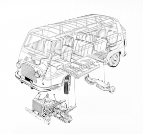 Renault Estafette Microcar (1960) – Schnittzeichnung. Antriebseinheit und Vorderachse sowie die Hinterachse lassen sich mit ihrem jeweiligen Hilfsrahmen vom Aufbau trennen