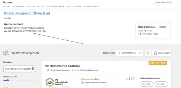 Repareo Beispiel - Preisvergleich für einen Ölwechsel im Raum München