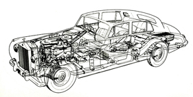 Trotz zweier Zylinder mehr wog der betriebsbereite V8 mit allen Nebenaggregaten und Luftfilter knapp 14 Kilogramm weniger als der alte Sechszylinder; hier in einer Schnittzeichnung des Rolls-Royce Silver Cloud.
