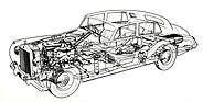Trotz zweier Zylinder mehr wog der betriebsbereite V8 mit allen Nebenaggregaten und Luftfilter knapp 14 Kilogramm weniger als der alte Sechszylinder; hier in einer Schnittzeichnung des Rolls-Royce Silver Cloud.