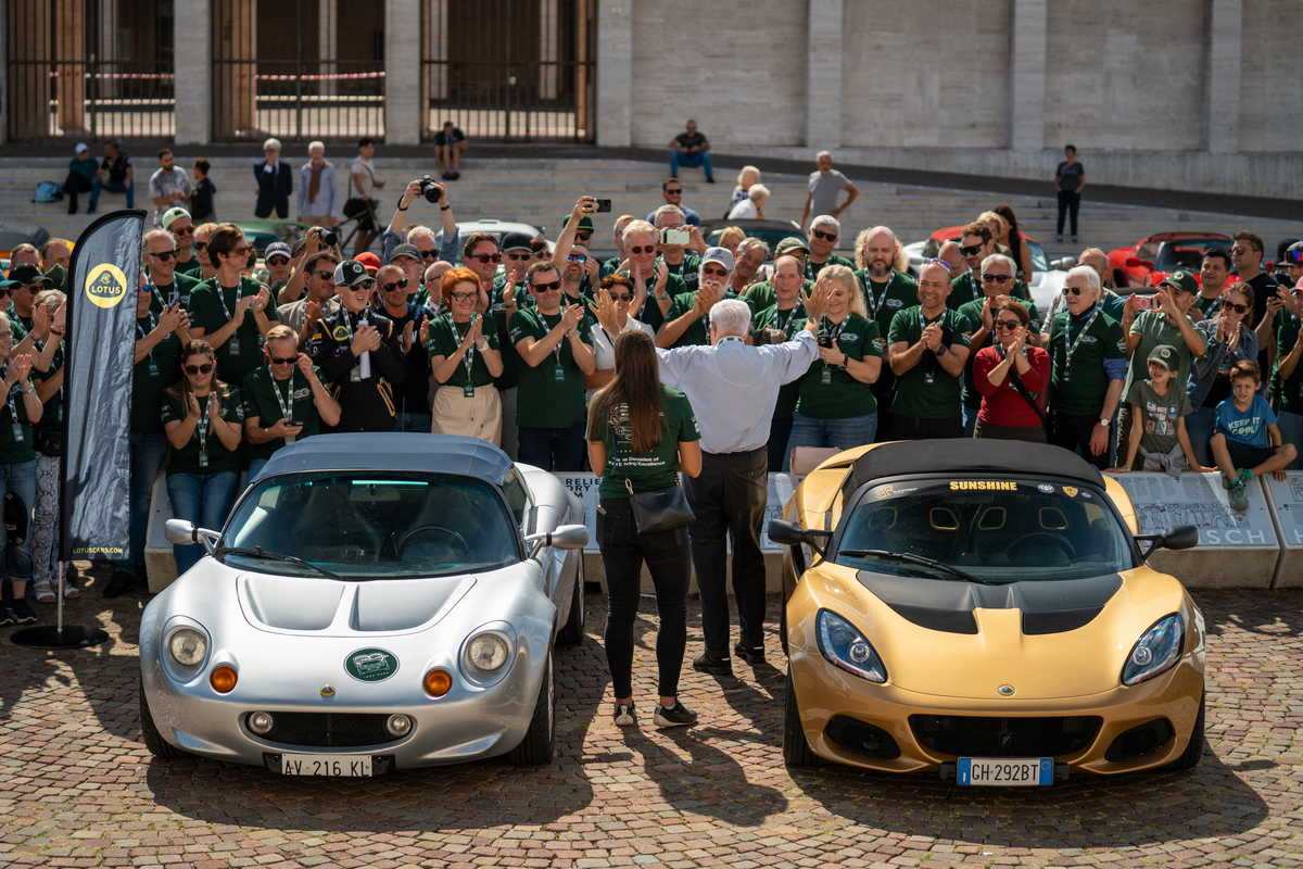 Romano and Elisa Artiolio with two Lotus Elise at the birthday meeting in Bolzano 2025