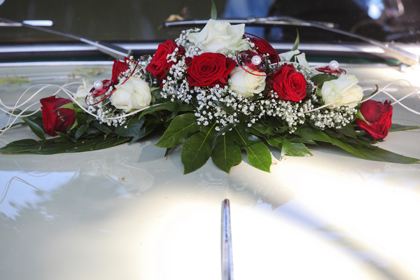 Rosenbouquet auf der geschwungenen Kühlerhaube - am 40. Oldtimer-Meeting Baden-Baden 2016