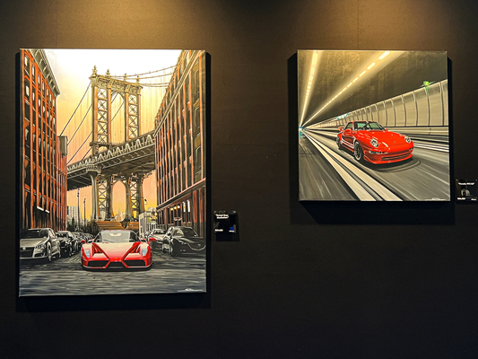 Rote Sportwagen-Träume im Fokus: weitere Auto-Gemälde von Hendrik Schmeer, die er auch bei bedeutenden Klassiker-Veranstaltungen wie beim Concours d’Elegance in Schwetzingen zum Verkauf ausstellt.