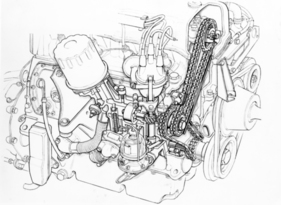 Rover 2000 (1963) - Technische Skizze - Antrieb der Nockenwelle
