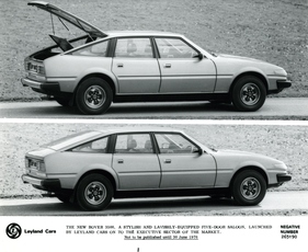 Rover SD1 3500 (1976) - frühes Pressefoto, das den Wagen mit offener und geschlossener Heckklappe zeigt