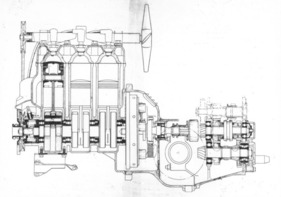 Saab 93 (1956) – Längsschnitt durch Motor und Getriebe