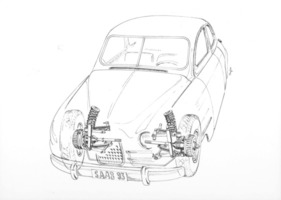 Saab 93 (1956) – neue Vorderradaufhängung an Dreieckslenkern