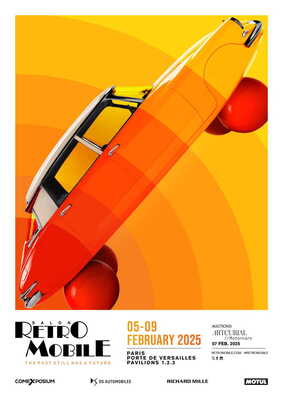 Salon Rétromobile 2025 – Veranstaltungsplakat mit Citroën ID 19 auf Luftballons
