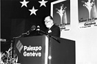 Salonpräsident Francois Peyrot vertrat mit Witz und Energie die Anliegen der Automobilindustrie am Salon 1985