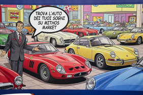 Schön gemachte Werbung im Comic-Stil, aber der Porsche 911 hinten rechts sieht doch etwas seltsam aus - 42. Auto e Moto d'Epoca 2025