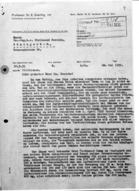Schreiben Emil Everlings an Ferdinand Porsche vom 28. Mai 1935