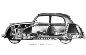 Simca 8 (1950) - die Durchsichtszeichnung illustriert die Technik der 1,2-Liter-Version