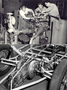 Bild Škoda 1100 OHC Coupé (1960) – der Gitterrohrrahmen, beide Achsen und der Vierzylinder-Motor mussten zuerst zusammengetragen werden.