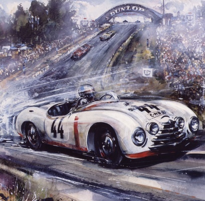 Bild: Škoda Sport (1949) - Der Škoda Sport auf dem 13,65 Kilometer langen Circuit des 24 Heures aus der Sicht des Malers Vladimír Bidlo (1925 – 1997).