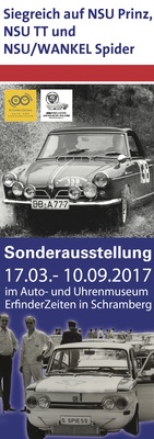 Sonderausstellung im Auto-und Uhrenmuseum: Siegreich auf NSU Prinz, NSU TT und NSU Wankel Spider (Plakat)