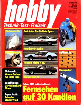 Sportwagen im Vergleich - Alpine-Renault A 310, Datsun 280 ZX und Porsche 924 Turbo - auf der Titelseite des Magazines 'hobby'