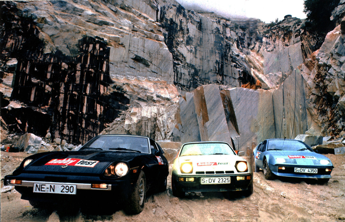 Sportwagen im Vergleich - Alpine-Renault A 310, Datsun 280 ZX und Porsche 924 Turbo - in den Steinbrüchen von Carrara