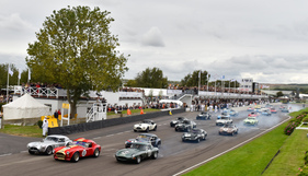 Start des Royal Automobile Club TT Celebration Rennens, unten rechts der künftige Sieger dieses Rennens Gordon Shedden und Chris Ward auf Jaguar E-Type (1963) - Royal Automobile Club TT Celebration (RAC TT) - Goodwood Revival 2015