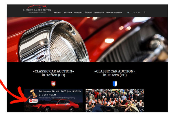 Bild: Startseite der Website der Oldtimer Galerie Toffen