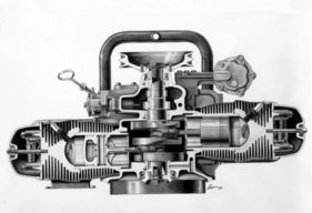 Steyr-Puch 500 (1957) - Blick in den Zweizylindermotor (1957)