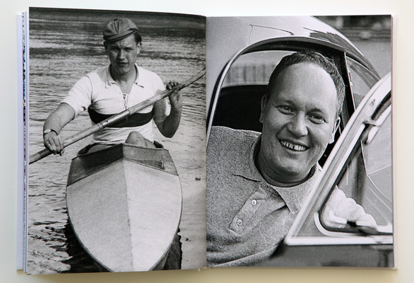 Bild Strenger im Kanu und im Porsche - Buch "Erich Strenger - ein grafischer Bericht"