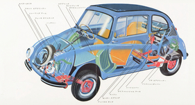 Subaru 360 (1959) - Diese Durchsichtszeichnung beschreibt die verschiedenen verbauten Attribute. Wer der japanischen Sprache mächtig ist, wird hier viele spannende Fakten finden.