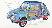 Subaru 360 (1959) - Diese Durchsichtszeichnung beschreibt die verschiedenen verbauten Attribute. Wer der japanischen Sprache mächtig ist, wird hier viele spannende Fakten finden.