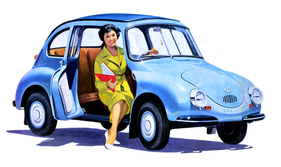 Subaru 360 (1959) - Werksbild mit einem Female Touch aus einem Verkaufsprospekt