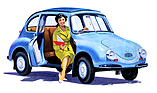 Subaru 360 (1959) - Werksbild mit einem Female Touch aus einem Verkaufsprospekt