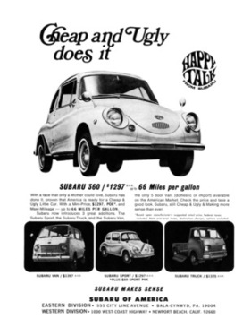 Subaru 360 (1968) - in der Werbung - als günstig und hässlich betitelt