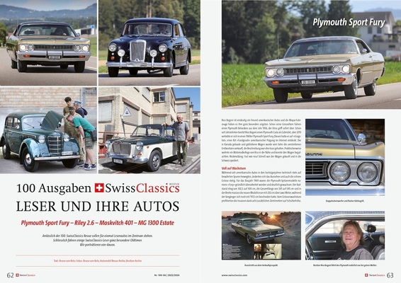 Bild: SwissClassics Revue 100-6/2023 - Bericht Leser und ihre Autos | Plymouth Sport Fury – Riley 2.6 – Moskvitch 401 – MG 1300 Estate