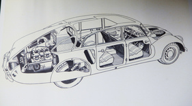 Tatra 77 (1933) - Blick durch den Wagen (auf einer Zeichnung) - Rétromobile Paris 2020