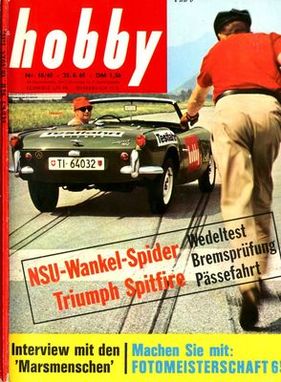 Titel Heft 18:1965 - NSU Wankel Spider kontra Triumph Spitfire MK II im hobby Super-Test Titel Heft 18:1965 - NSU Wankel Spider kontra Triumph Spitfire MK II im hobby Super-Test