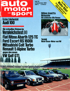 Titelblatt Auto Motor und Sport Heft 18/1982 - Vergleichstest Fiat Ritmo Abarth 125 TC, Ford Escort RS 1600i, Mitsubishi Colt Turbo, Renault 5 Alpine Turbo und VW Golf GTI (1800)