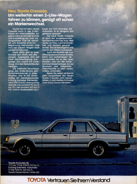 Toyota Cressida (1981) - Um weiterhin einen 2-Liter fahren zu können, genügt auch ein Markenwechsel - Werbung in Deutschland aus dem Jahr 1981