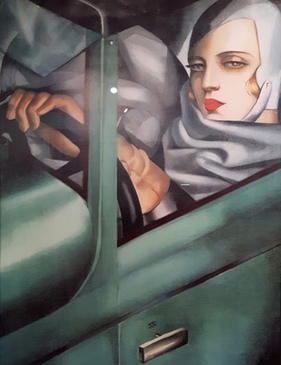 Typische Malerei des Art Déco: Tamara de Lempicka – "Tamara im grünen Bugatti" (ausgestellt im Mullin Museum in Oxnard)
