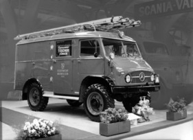 Unimog S - als Feuerwehrauto ausgerüstet von der Firma Tüscher - Genfer Autosmobilsalon 1959