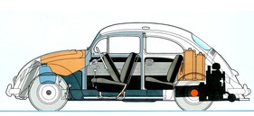 VW 1200 (1960) - Stauraum im Käfer, in der Durchsichtszeichnung dargestellt