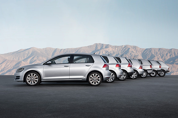 Image: VW Golf (1974) - seven generations of Golf, the oldest are at the back