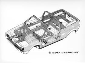 VW Golf Cabriolet (1979) - die Karosserie wurde umfangreich verstärkt, u.a. durch den Bügel, Querverstrebungen und torsionsfeste Längsträger