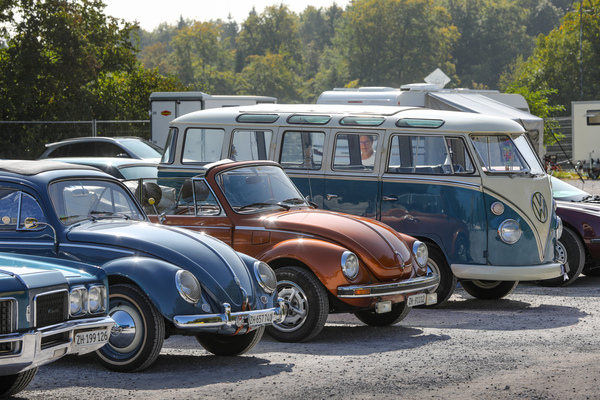 Bild VW-Spektrum: früher Ovali neben spätem 1303 Cabrio und Samba-Bus – Albisgütli Classic Cars & Bikes Oktober 2023