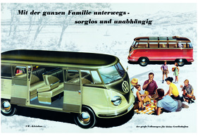 VW T1, gebaut ab 1950 – Werbeplakat für den VW-"Kleinbus" und Samba ab 1955