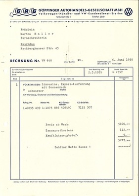 Volkswagen Käfer (1955) - Die originale Kaufrechnung im Bestand zu haben, dürfte nur wenigen Oldtimerbesitzern vergönnt sein
