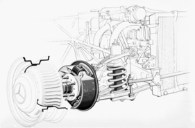 Vorderradaufhängung des Mercedes-Benz 300 SL (W 198) mit Turbo-Bremstrommeln